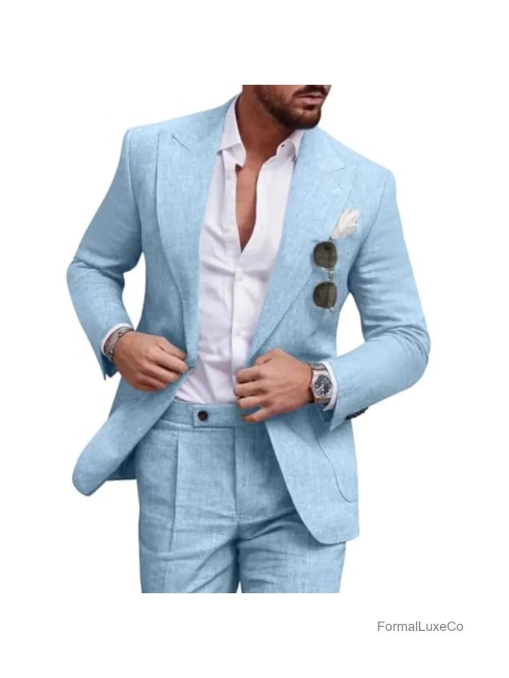 Linen Men's 2 Piece Suit Slim Fit Tuxedo Blazer & Pants Set Formal Wedding